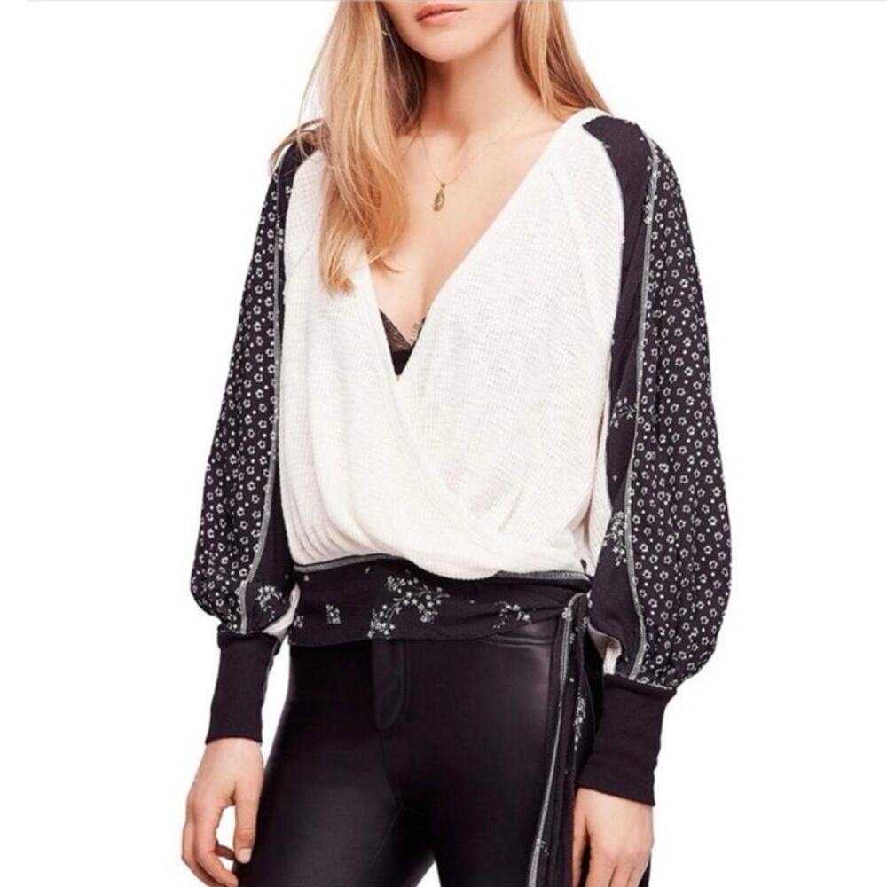 Free People Auxton‎ Thermal Waffle Knit Wrap Top Medium Colorblock Floral Boho